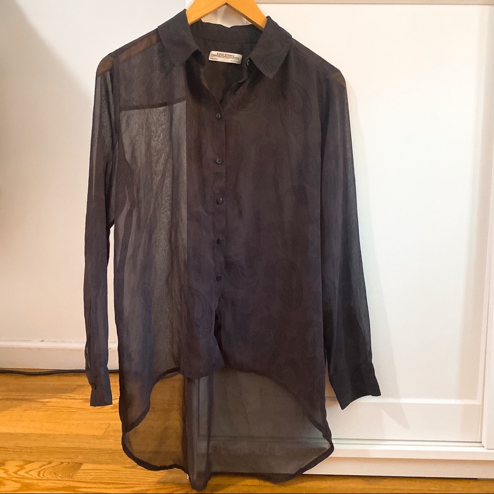 Dark grey paisley print button down blouse